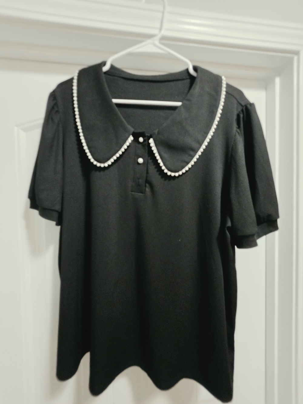 NEW SHEIN Black Pearl-Trim Peter Pan Collar Short Sleeve Top